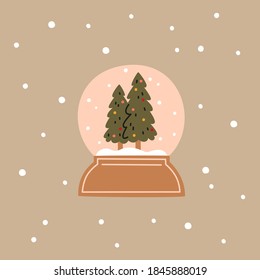 Snow globe with christmas trees in flat cartoon style. Christmas vector illustration. New Year decorative element