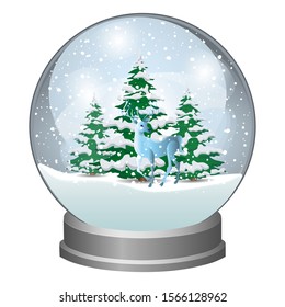 Snow globe with Christmas trees and a forest deer. Winter fairy tale. Vector illustration.