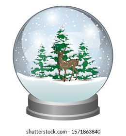 Snow globe with Christmas trees and a forest deer. Winter fairy tale. Vector illustration.
