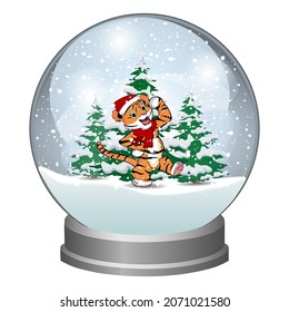 El globo de nieve con árboles de Navidad y un tigre forestal. Cuento de invierno. Ilustración vectorial.