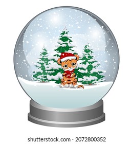 El globo de nieve con árboles de Navidad y un tigre forestal. Cuento de invierno. Ilustración vectorial.