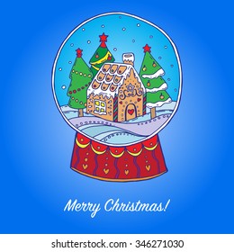 Snow globe with christmas trees and gingerbread house inside. Vector illustration