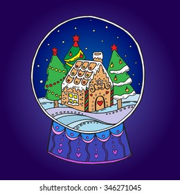 Snow globe with christmas trees and gingerbread house inside. Vector illustration