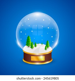 Snow globe with christmas trees on blue background. Vector illustration