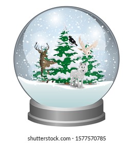 Snow globe with Christmas trees and wild animals. Wild deer, crow, owl and wolf in winter. Winter fairy tale. Vector illustration.