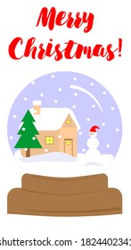 Snow globe with Christmas village in it. Vector image of a toy snow ball on a stand with a house and a spruce inside. Winter landscape with snowdrifts and snow on the roof of the house.