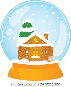 Snow globe Christmas winter decoration cabin snowflakes falling. Festive snow globe wooden cabin snowcovered tree holiday season dcor. Vector illustration winter scene snowfall cozy