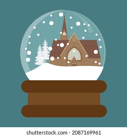 A snow globe with a church in the snow. Christmas greeting card. Vector image of Merry Christmas