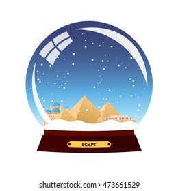 Snow globe city. Egypt in Snow Globe. Winter travel vector illustration