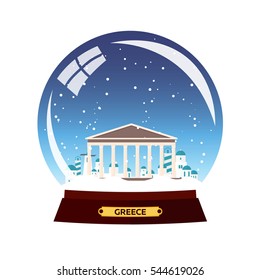 Snow Globe City. Greece, Acropolis In Snow Globe. Winter Travel Vector