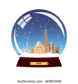 Snow globe city. India in Snow Globe. Winter travel vector illustration