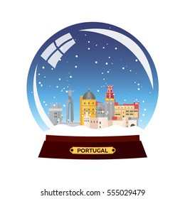 Snow globe city. Portugal. Winter travel vector