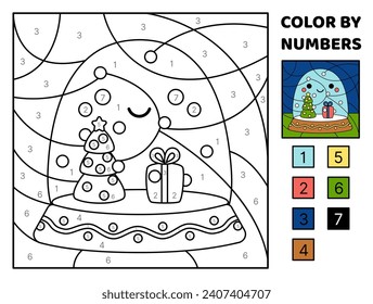 Snow globe. Color by number. Squishmallow. Coloring page. Game for kids. Kawaii, cartoon, vector. Isolated vector illustration eps 10
