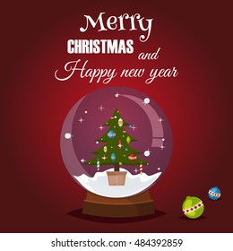 Snow globe crystal ball Merry christmas card. Fabulous glitter snowball with ski resort landscape. Happy holidays greeting card vector magic snowball. Merry christmas magic glass snow ball.