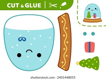 Snow globe. Cut and glue. Kawaii snow globe. Squishmallow. Applique. Paper education game. Kawaii, cartoon. Isolated vector illustration eps 10