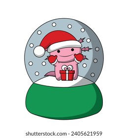 Snow globe with cute Axolotl with gift box in color