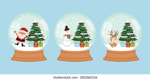 Snow globe with cute Christmas decoration set. Flat vector cartoon design