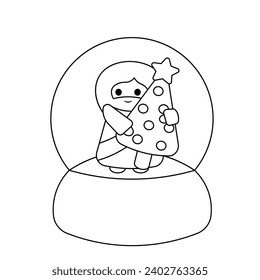 Snow globe with cute Jesus Christ with Christmas tree in black and white
