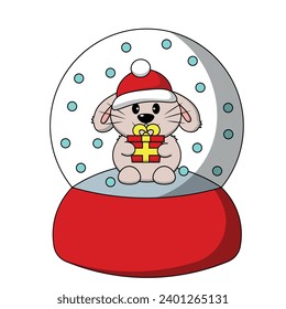 Snow globe with cute Rabbit with gift box in color