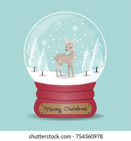 Snow globe with cute smiling reindeer. Christmas card. Vector illustration