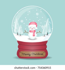Snow globe with cute smiling snowman and snow forest. Christmas card. Vector illustration