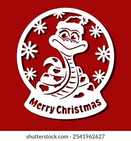 Snow globe with a cute snake. Round Christmas decoration with the symbol of the Chinese New Year, snowflakes. Template for plotter laser cutting of paper, fretwork, wood carving, metal engraving, cnc.