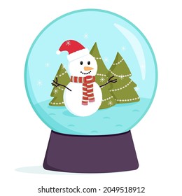 A snow globe with a cute snowman in a hat. New Year and Christmas. 