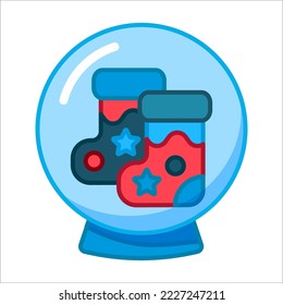 Snow globe with cute socks for gifts. Cute flat vector illustration. Christmas, New Year, minimalism. Design, design of postcards, invitations, websites. Icon, Logo