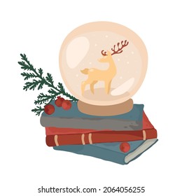 Snow globe. Deer. Books. Christmas tree. New Year, Christmas. Hello winter. Winter holidays. Isolated vector colorful element on a white background. 