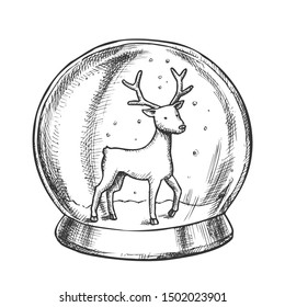 Snow Globe With Deer Souvenir Hand Drawn Vector. Snowy Winter And Wild Forest Animal In Glass Snow Ball On Pedestal. Xmas Present Sphere Template Designed In Vintage Style Monochrome Illustration