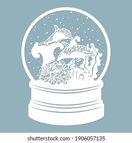 Snow globe, dolphins in the waves, seaweed . Laser cutting. Vector illustration. Template for laser cutting, plotter and screen printing.