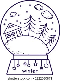 Nieve globo doodle con casa y árboles