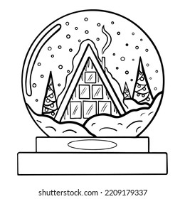 Snow globe in doodle style. Festive glass ball with trees, snow and a house. Winter souvenir toy. For web page, banner, sticker, background.