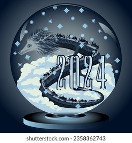 snow globe, Dragon, happy new year, 2024, 2024 year of the dragon, blue dragon, vector, illustration,new year,  tail, paw,dragon hair,  head, , snow falls in winter, 