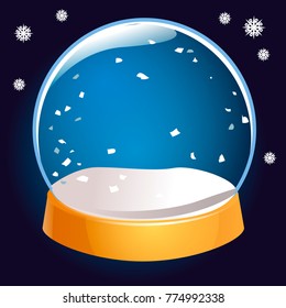 Snow globe empty isolated on black background. Christmas magic ball. Snowglobe vector illustration. Winter in glass ball, crystal dome icon