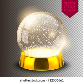 Snow Globe Empty Template Isolated On Transparent Background. Christmas Magic Ball. Realistic Xmas Snowglobe Vector Illustration. Winter In Glass Ball, Crystal Dome Icon Snowflake And Golden Stand.