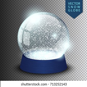 Snow Globe Empty Template Isolated On Transparent Background. Christmas Magic Ball. Realistic Xmas Snowglobe Vector Illustration. Winter In Glass Ball, Crystal Dome Icon Snowflake And Blue Stand.