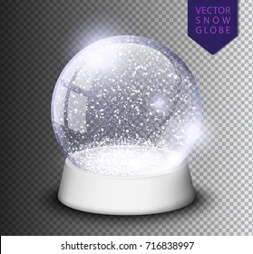 Snow Globe Empty Template Isolated On Transparent Background. Christmas Magic Ball. Realistic Xmas Snowglobe Vector Illustration. Winter In Glass Ball, Crystal Dome Icon Snowflake And White Stand.