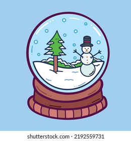 Snow globe with falling snow, pine tree, and snowman vector illustration with flat cartoon art style drawing outline and color on sky blue background isolated.