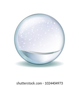 Snow globe with falling snowflakes. Realistic transparent glass sphere vector illustration