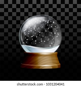 Snow globe with falling snowflakes. Realistic transparent glass sphere on wooden pedestal. Magic glass sphere on transparent background. Vector illustration EPS 10