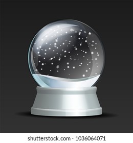 Snow globe with falling snowflakes. Realistic transparent glass sphere on white pedestal. Magic glass sphere on dark background. Vector illustration EPS 10