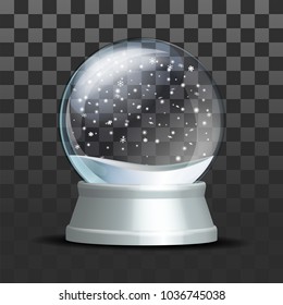 Snow globe with falling snowflakes. Realistic transparent glass sphere on white pedestal. Magic glass sphere on dark background. Vector illustration EPS 10