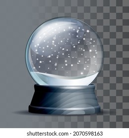 Snow globe with falling snowflakes. Realistic transparent glass sphere on black pedestal. Magic glass sphere on dark background. Vector illustration EPS 10