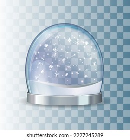 Globo de nieve con copos de nieve cayendo. Esfera de vidrio transparente realista sobre un pedestal negro. Esfera mágica de vidrio sobre fondo oscuro. Ilustración del vector EPS 10