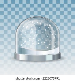 Snow globe with falling snowflakes. Realistic transparent glass sphere on black pedestal. Magic glass sphere on dark background. Vector illustration EPS 10