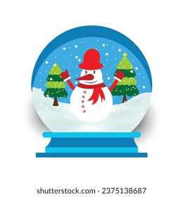 Snow globe with falling snow, snow tree and snowman inside. Illustration in flat style