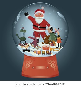 snow globe,  snow falls,toys in the bag, santa claus with gifts, toys, train, ski, hare, rabbit, bag, chicken, bear, clown, cube, giraffe, drum, trumpet, plane