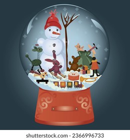 snow globe,  snow falls,toys in the bag, snowman with gifts, toys, train, ski, hare, rabbit, bag, chicken, bear, clown, cube, giraffe, drum, trumpet, plane