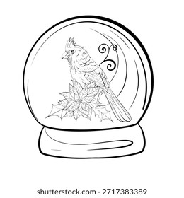 Globo de nieve con el pájaro cardenal y la planta de la flor de Pascua decorada con los patrones de remolino en un estilo limpio del arte de la línea perfecto para colorear o la decoración